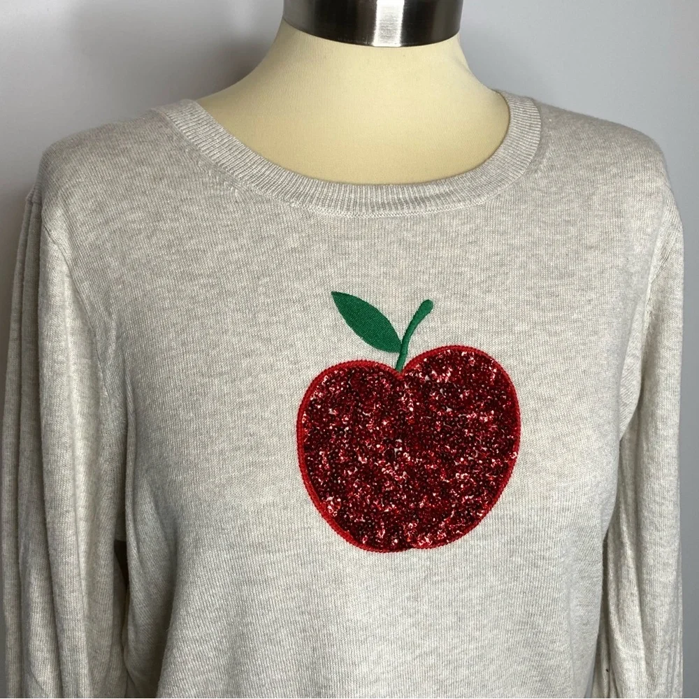 J. Crew Red Sequin Apple Teddie Crew Neck Sweater